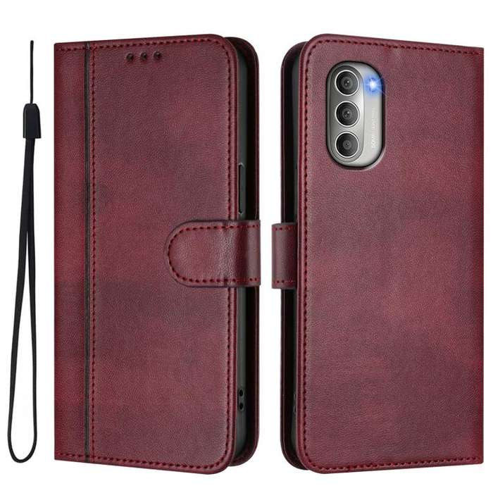 For Motorola Moto G51 5G Line Splicing Buckle Retro Leather Phone Case(Wine Red)