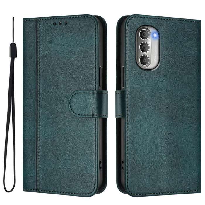 For Motorola Moto G51 5G Line Splicing Buckle Retro Leather Phone Case(Dark Green)