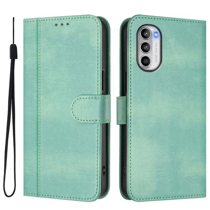For Motorola Moto G52 4G / G82 5G / G71s Line Splicing Buckle Retro Leather Phone Case(Mint)