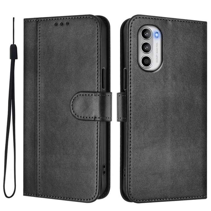 For Motorola Moto G52 4G / G82 5G / G71s Line Splicing Buckle Retro Leather Phone Case(Black)