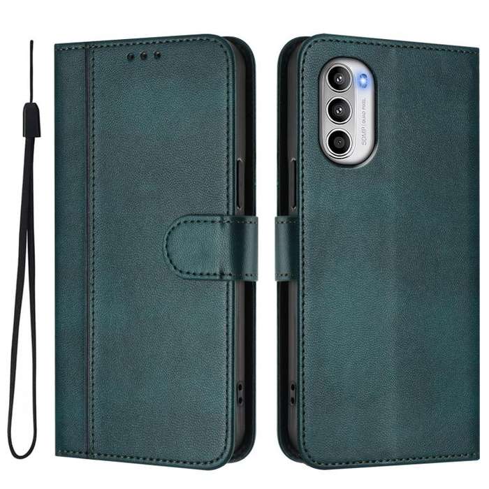 For Motorola Moto G52 4G / G82 5G / G71s Line Splicing Buckle Retro Leather Phone Case(Dark Green)