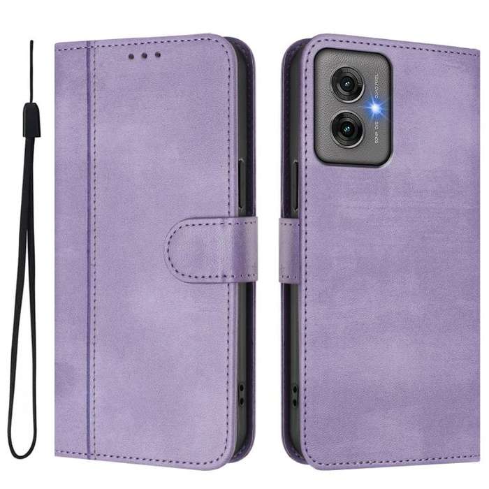 For Motorola Moto G55 5G Line Splicing Buckle Retro Leather Phone Case(Purple)