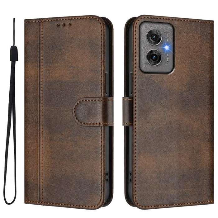 For Motorola Moto G55 5G Line Splicing Buckle Retro Leather Phone Case(Brown)