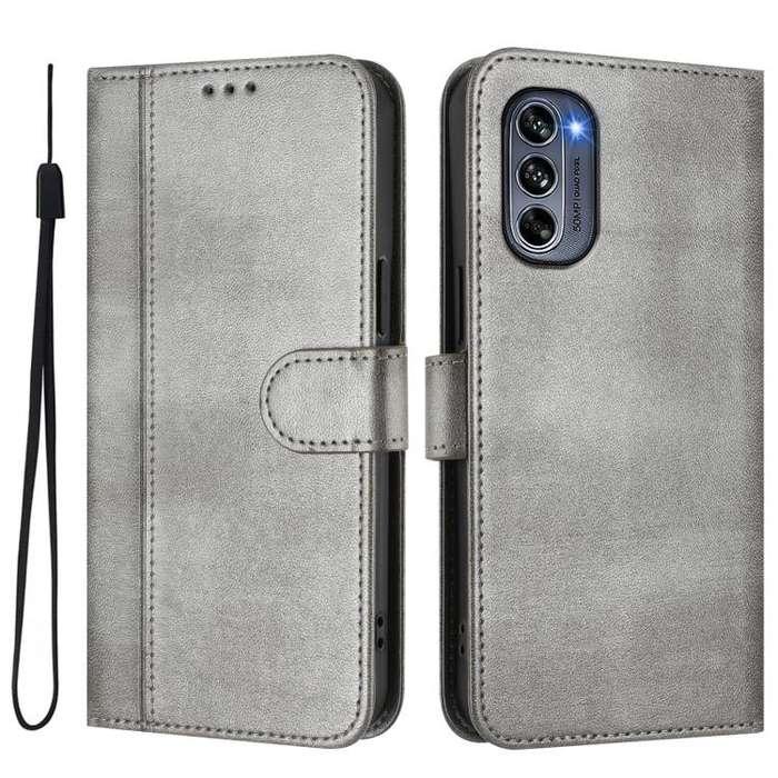 For Motorola Moto G62 5G Global / India Line Splicing Buckle Retro Leather Phone Case(Grey)