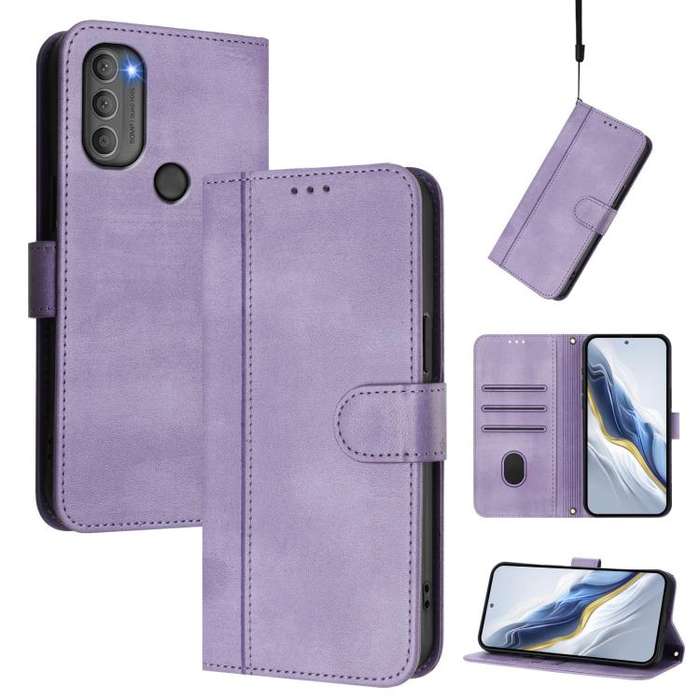 For Motorola Moto G71 5G Line Splicing Buckle Retro Leather Phone Case(Purple)