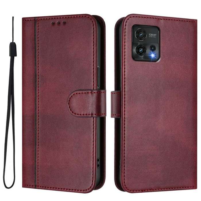 For Motorola Moto G72 Line Splicing Buckle Retro Leather Phone Case(Wine Red)