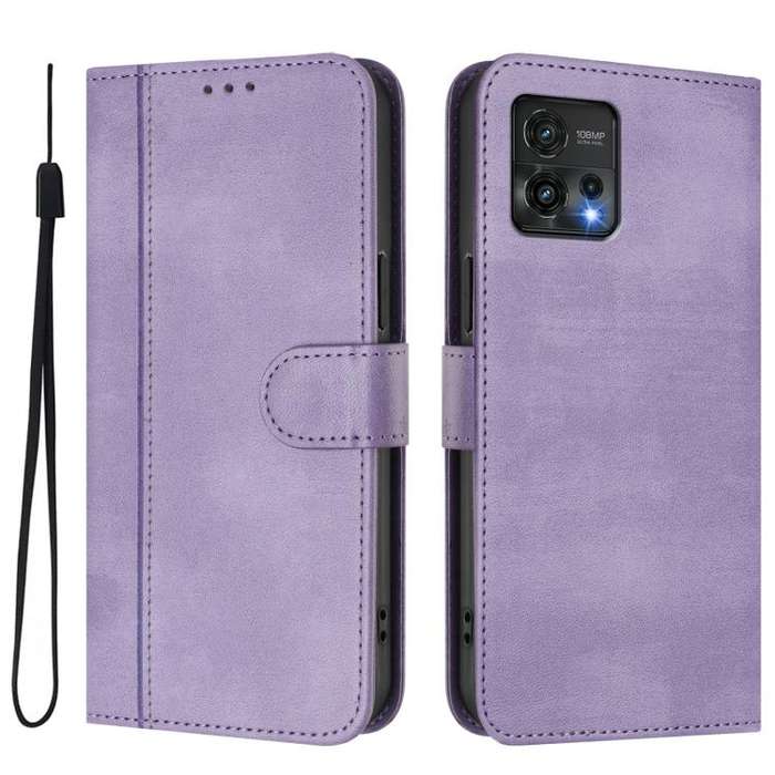 For Motorola Moto G72 Line Splicing Buckle Retro Leather Phone Case(Purple)