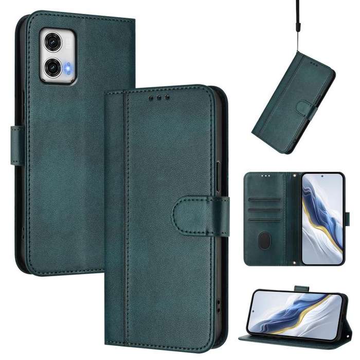 For Motorola Moto G73 5G Line Splicing Buckle Retro Leather Phone Case(Dark Green)