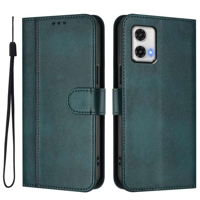 For Motorola Moto G73 5G Line Splicing Buckle Retro Leather Phone Case(Dark Green)