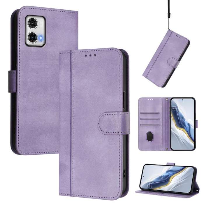 For Motorola Moto G73 5G Line Splicing Buckle Retro Leather Phone Case(Purple)