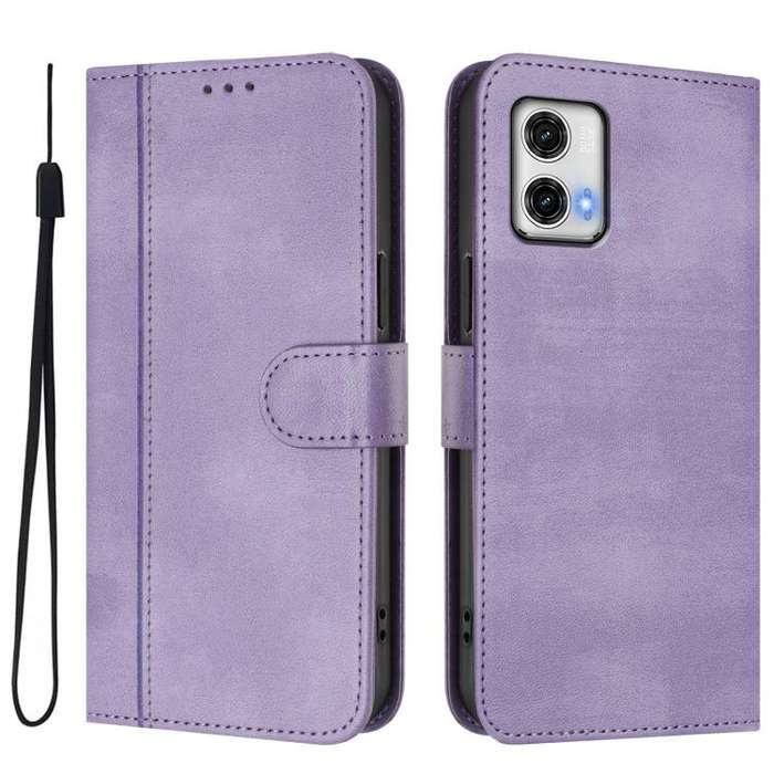 For Motorola Moto G73 5G Line Splicing Buckle Retro Leather Phone Case(Purple)