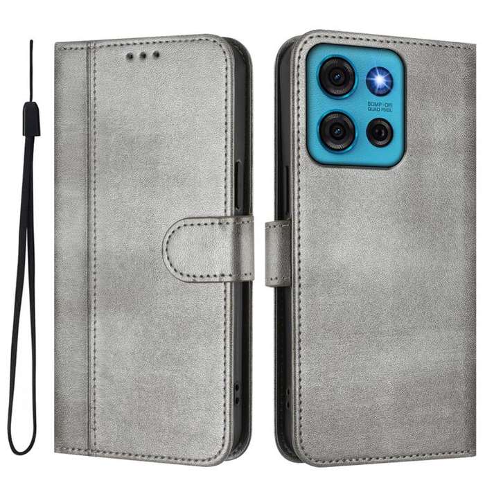For Motorola Moto G75 5G Line Splicing Buckle Retro Leather Phone Case(Grey)