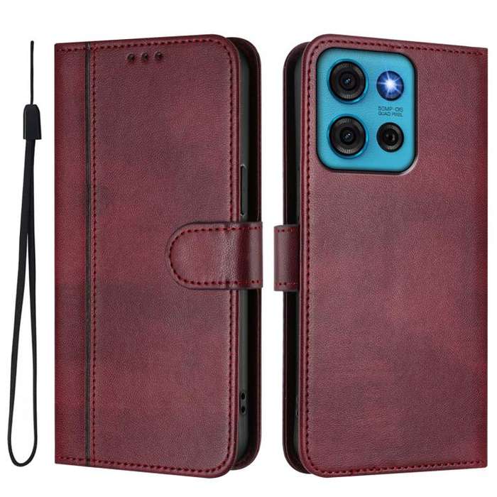 For Motorola Moto G75 5G Line Splicing Buckle Retro Leather Phone Case(Wine Red)