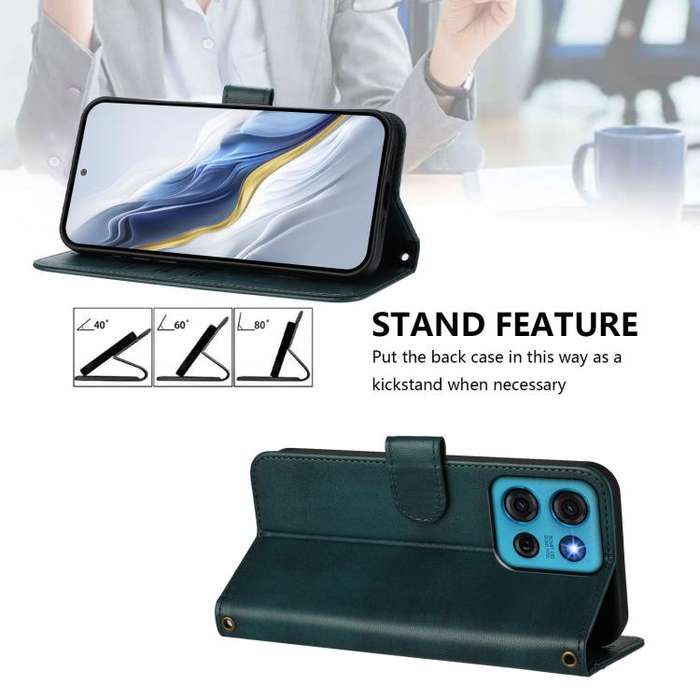For Motorola Moto G75 5G Line Splicing Buckle Retro Leather Phone Case(Dark Green)