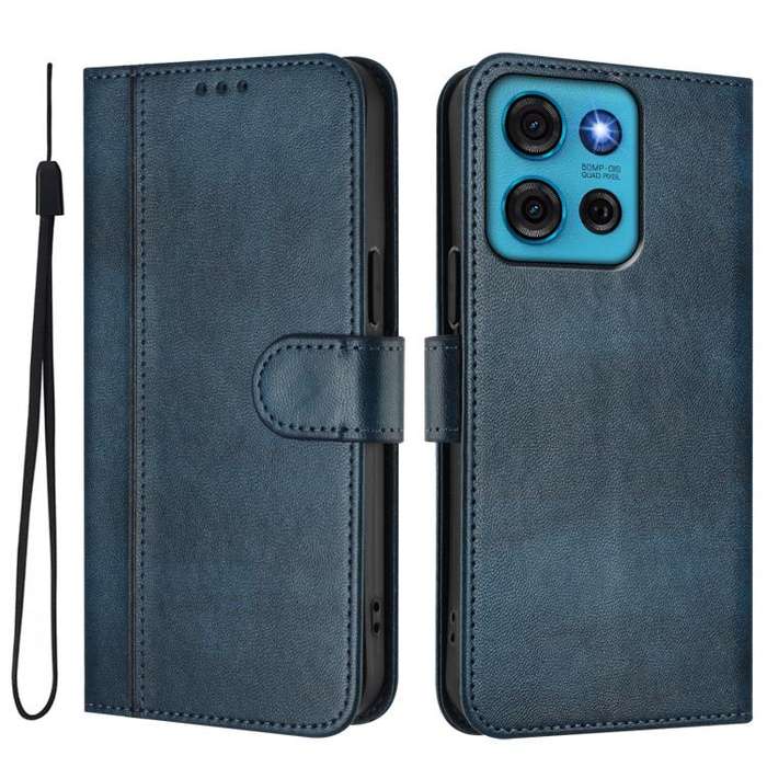 For Motorola Moto G75 5G Line Splicing Buckle Retro Leather Phone Case(Dark Blue)