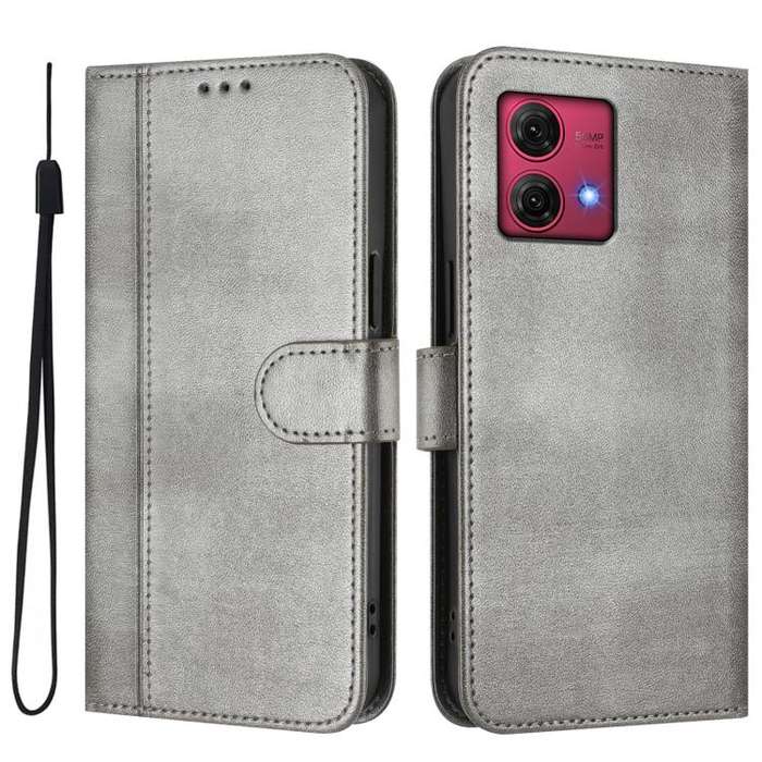 For Motorola Moto G84 5G Line Splicing Buckle Retro Leather Phone Case(Grey)