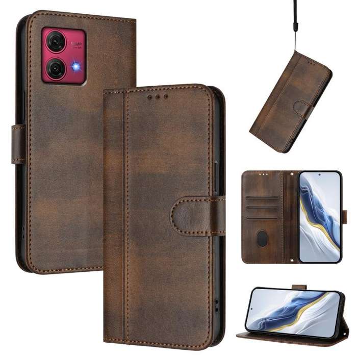 For Motorola Moto G84 5G Line Splicing Buckle Retro Leather Phone Case(Brown)