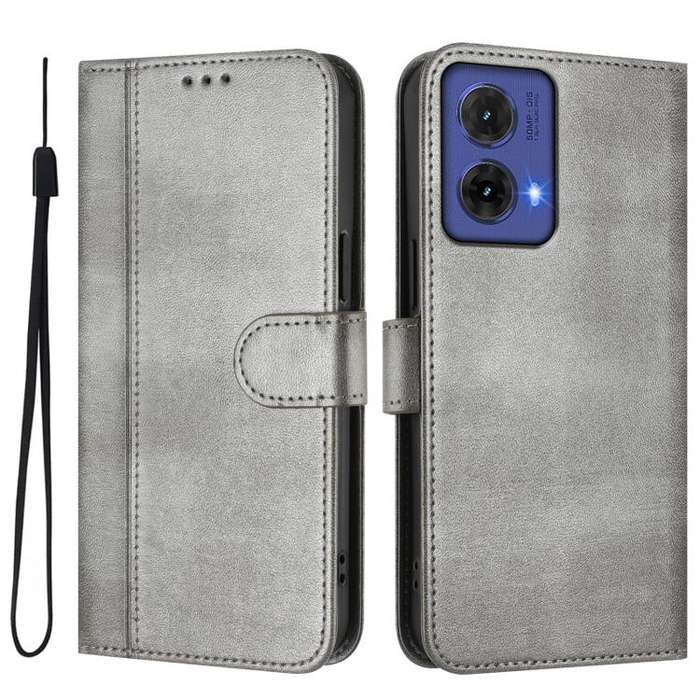 For Motorola Moto G85 5G Line Splicing Buckle Retro Leather Phone Case(Grey)