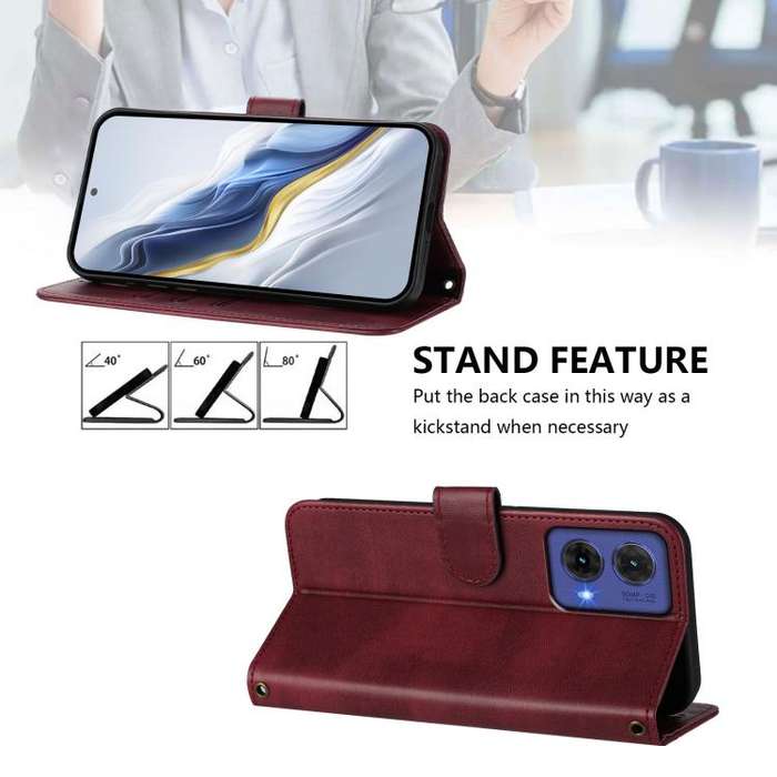 For Motorola Moto G85 5G Line Splicing Buckle Retro Leather Phone Case(Wine Red)