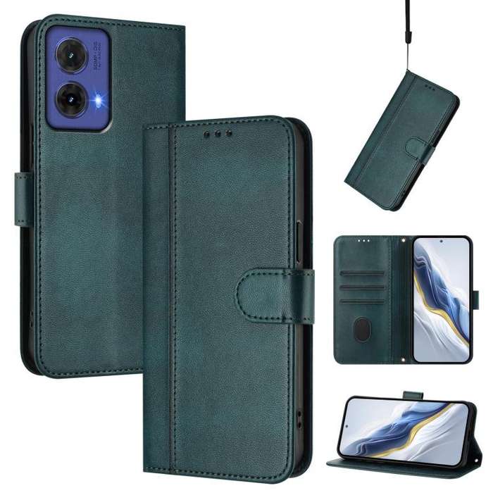 For Motorola Moto G85 5G Line Splicing Buckle Retro Leather Phone Case(Dark Green)
