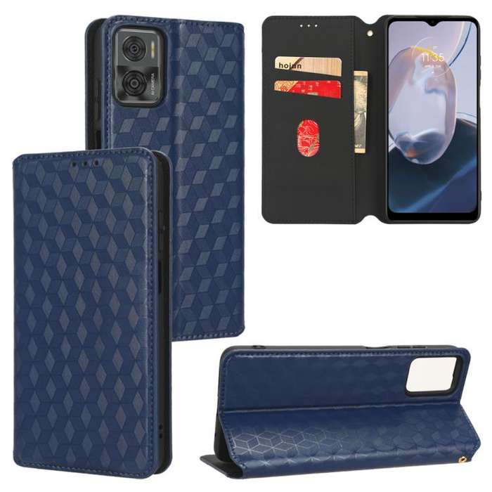 For Motorola Moto E22 4G / E22i 4G Cubic Grid Texture Flip Leather Phone Case(Blue)