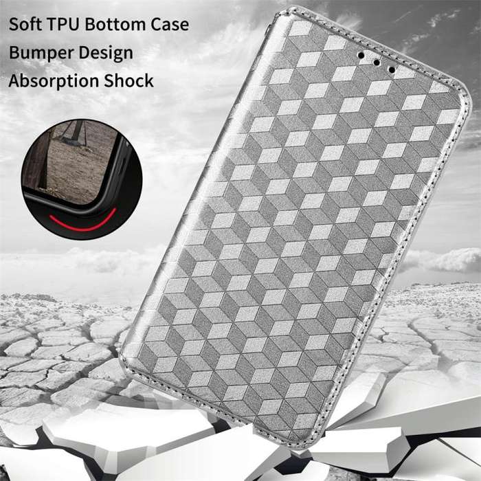 For Motorola Moto G Power 2022 Cubic Grid Texture Flip Leather Phone Case(Silver)