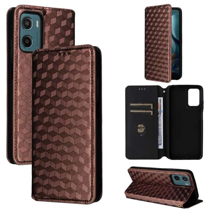 For Motorola Moto G05 4G / E15 4G Cubic Grid Texture Flip Leather Phone Case(Brown)