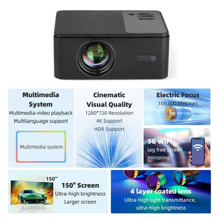 AUN A32 Pro 1280x720P 300ANSI Android 13 WIFI Display Smart Projector, US Plug(Black)