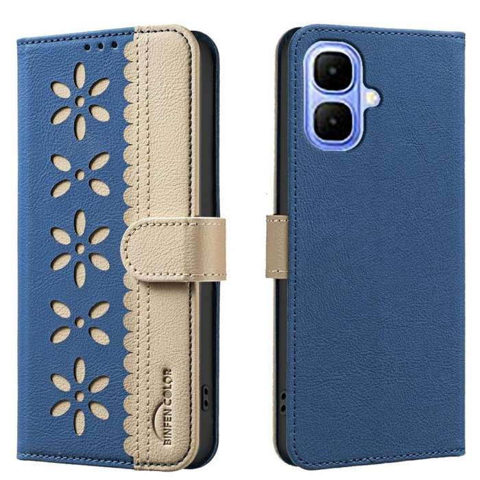 For Infinix Smart 10 4G Splicing Color Hollow Flower Pattern RFID Leather Phone Case(Dark Blue)