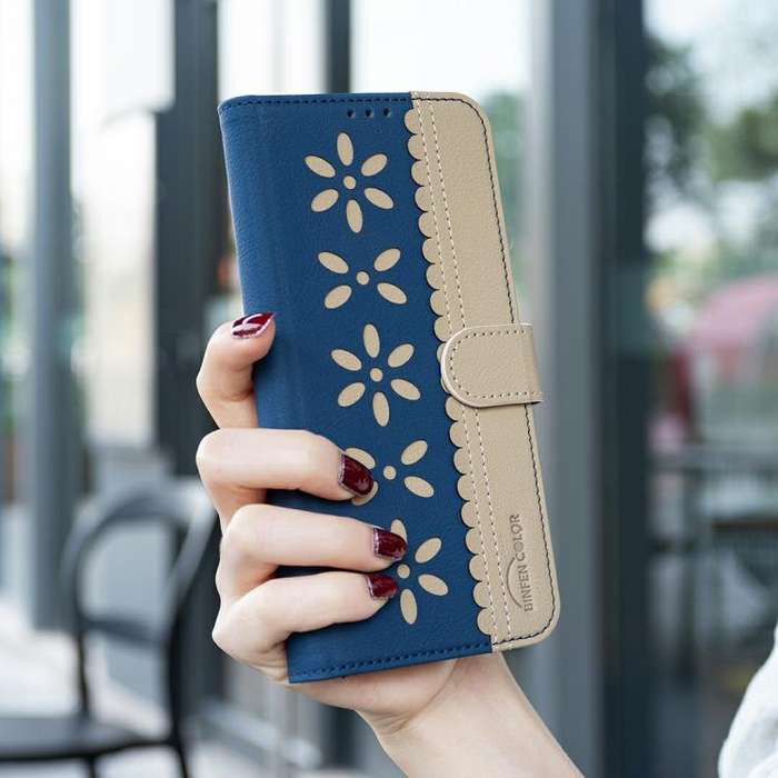 For Infinix Smart 10 4G Splicing Color Hollow Flower Pattern RFID Leather Phone Case(Dark Blue)