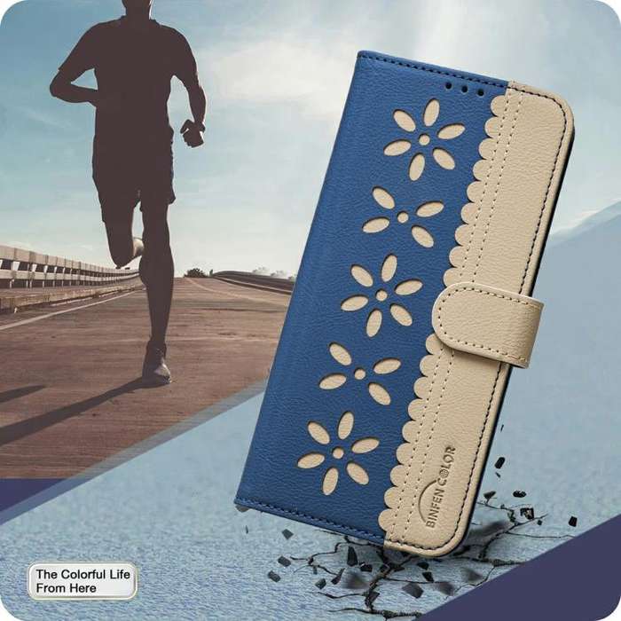 For Infinix Smart 10 4G Splicing Color Hollow Flower Pattern RFID Leather Phone Case(Dark Blue)