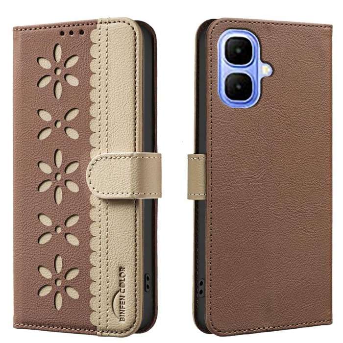 For Infinix Smart 10 4G Splicing Color Hollow Flower Pattern RFID Leather Phone Case(Brown)