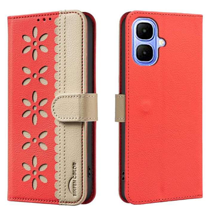 For Infinix Smart 10 4G Splicing Color Hollow Flower Pattern RFID Leather Phone Case(Red)