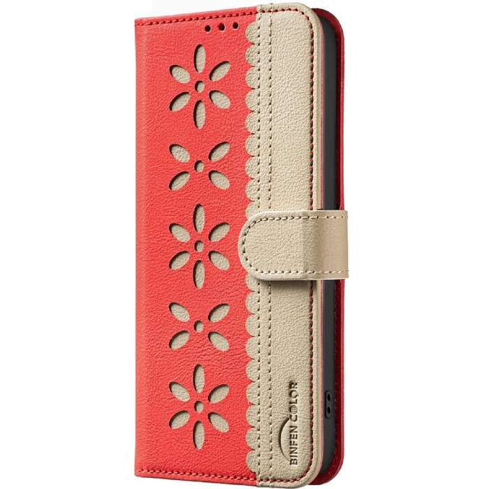 For Infinix Smart 10 4G Splicing Color Hollow Flower Pattern RFID Leather Phone Case(Red)