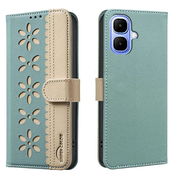 For Infinix Smart 10 4G Splicing Color Hollow Flower Pattern RFID Leather Phone Case(Green)