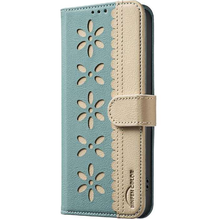 For Infinix Smart 10 4G Splicing Color Hollow Flower Pattern RFID Leather Phone Case(Green)