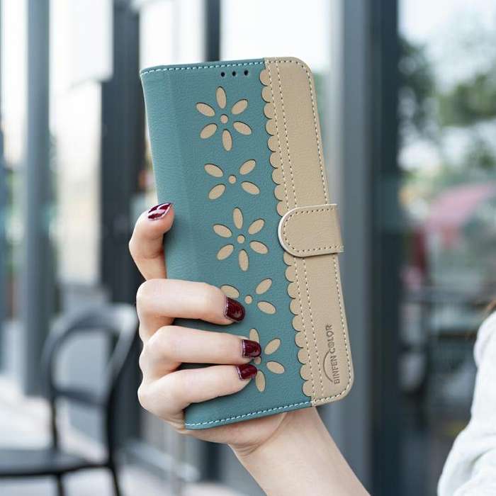 For Infinix Smart 10 4G Splicing Color Hollow Flower Pattern RFID Leather Phone Case(Green)