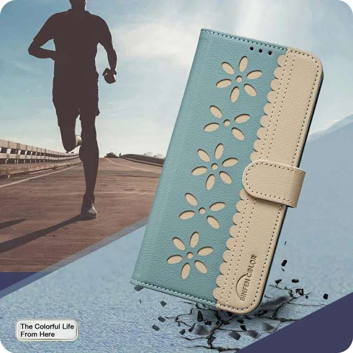 For Infinix Smart 10 4G Splicing Color Hollow Flower Pattern RFID Leather Phone Case(Green)