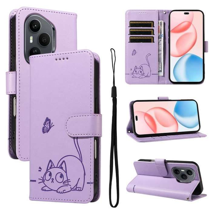 For Honor 400 Pro Global 160.8mm Adorable Cat Embossed Pattern Flip Leather Phone Case(Purple)