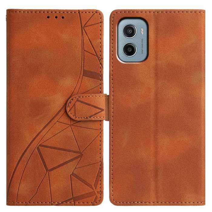 For Motorola Moto E15 Triangles Embossed Leather Phone Case(Brown)