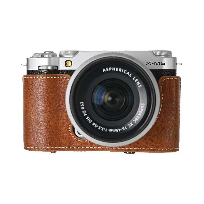 For FUJIFILM X-M5 Retro Litchi Texture Leather Full Body Camera Case Bag with Strap(Coffee)