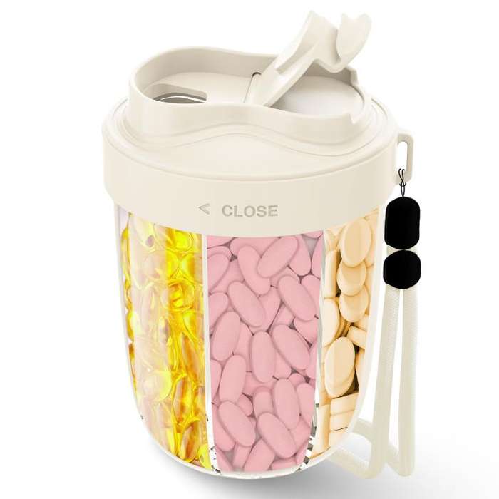 Portable Compartment Sealed Medicine Organizer Large Pill Storage Cup(Beige)