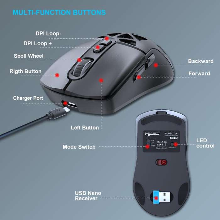 HXSJ T26 Dual Modes 2.4G BT5.1 Rechargeable Wireless Mouse(White)