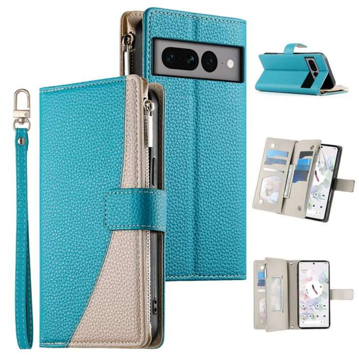 For Google Pixel 7 Pro Stitching Multi-card Zipper Wallet Leather Phone Case with Short Strap(Blue)