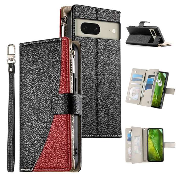 For Google Pixel 8 Stitching Multi-card Zipper Wallet Leather Phone Case with Short Strap(Black)