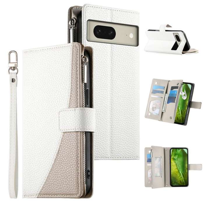 For Google Pixel 8 Stitching Multi-card Zipper Wallet Leather Phone Case with Short Strap(White)