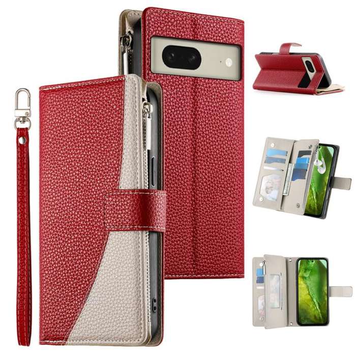 For Google Pixel 8 Stitching Multi-card Zipper Wallet Leather Phone Case with Short Strap(Red)