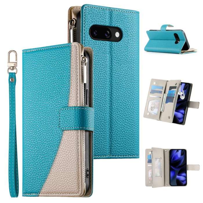 For Google Pixel 9a Stitching Multi-card Zipper Wallet Leather Phone Case with Short Strap(Blue)