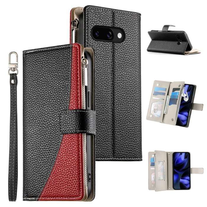 For Google Pixel 9a Stitching Multi-card Zipper Wallet Leather Phone Case with Short Strap(Black)