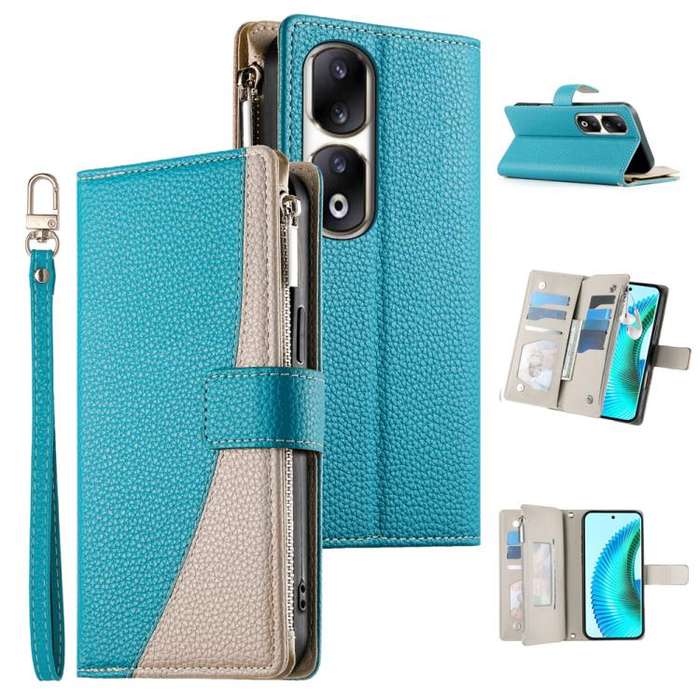 For Honor 90 Pro Stitching Multi-card Zipper Wallet Leather Phone Case with Short Strap(Blue)